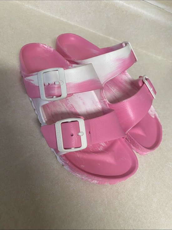 Birkenstock Shoes - Birkenstock Pink and White Two-Strap EVA Slides L6
